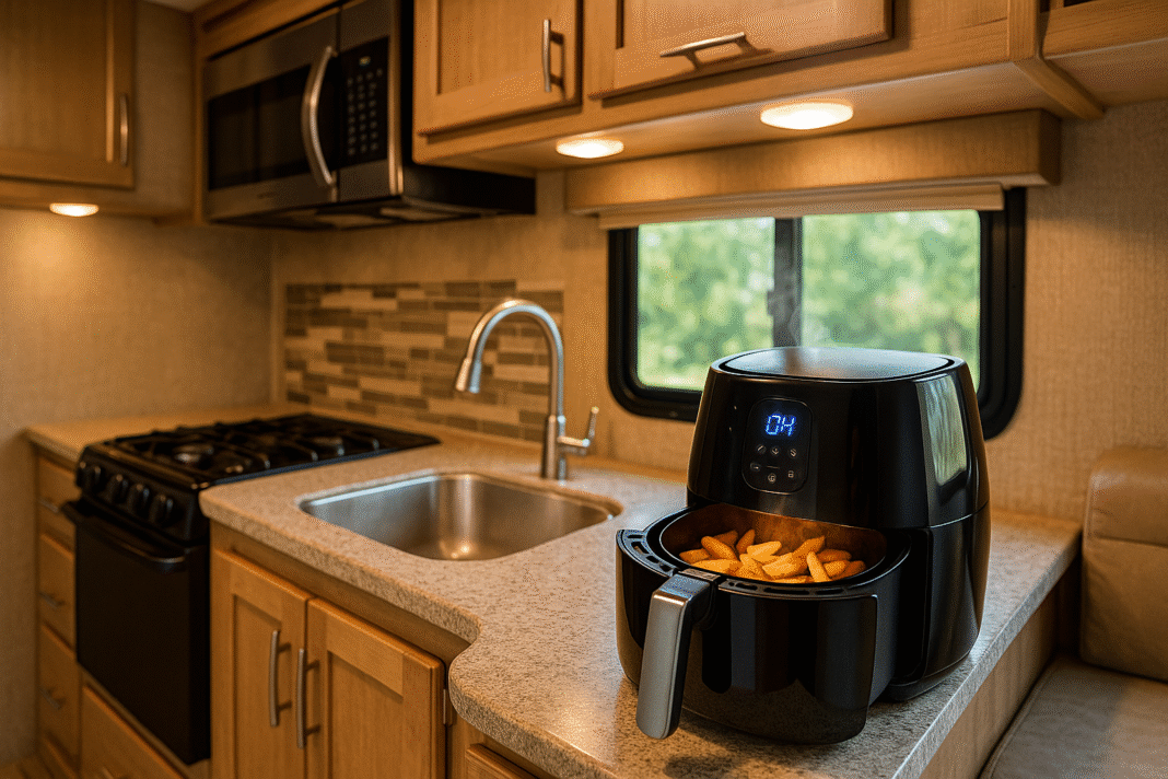 Air fryer cooking in a modern RV kitchen